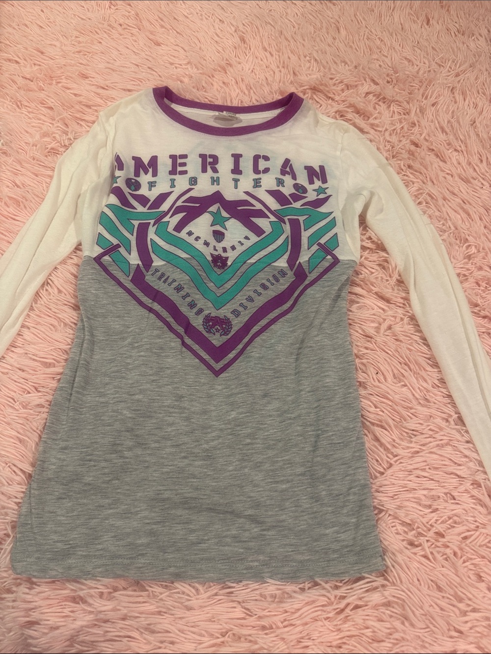 American Fighter White & Gray Long Sleeve Tee with Teal and Purple Graphic